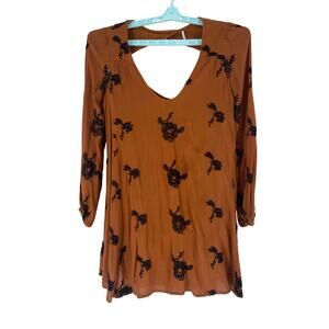 Free People Emma Austin Mini Dress Medium Brown Floral Embroidered Boho Swing
